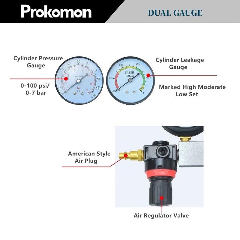 Prokomon Engine Cylinder Leak Down Tester Kit;Gasoline Engine Leakdown Tester Kit with Extension Rod;Cylinder Leakage Tester Set for Pressure Check and Leakage Rate Test - Image 3
